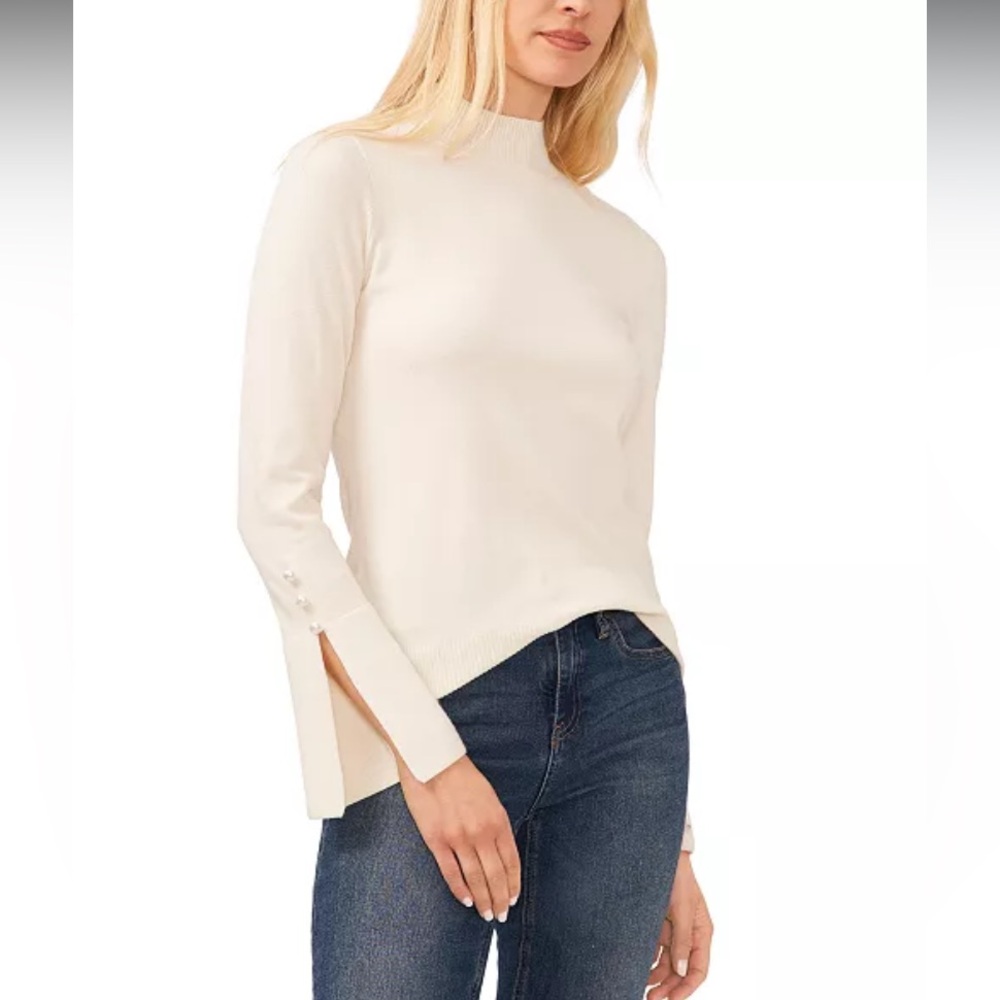 SOFT Ivory Split Cuff Sweater with Pearl Button Detail